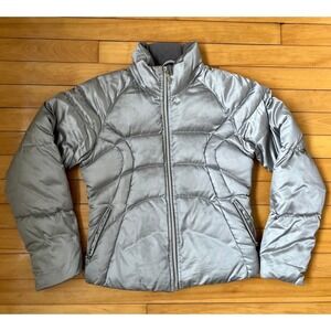 VTG Nike Womens Metallic Silver Satin Puffer Jacket Full Zip Fleece Lined Small